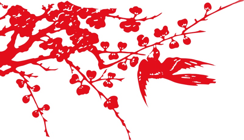 红色花鸟剪纸中国风