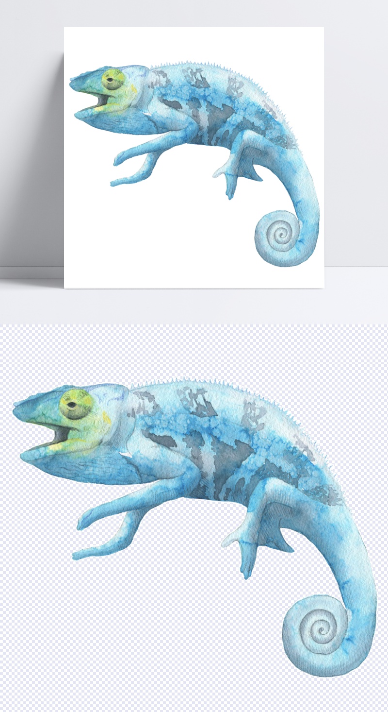 蓝色蜥蜴手绘水彩透明装饰图案
