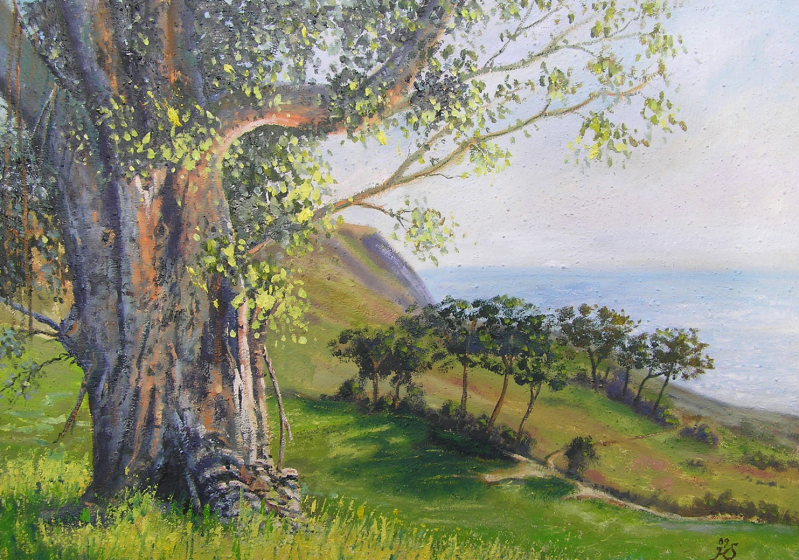 山坡上的树木风景油画图片