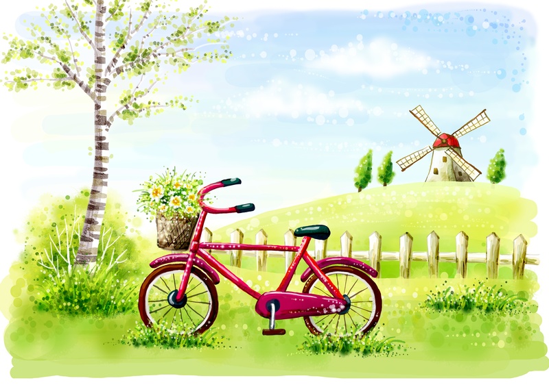 草地上的红色自行车卡通风景插画