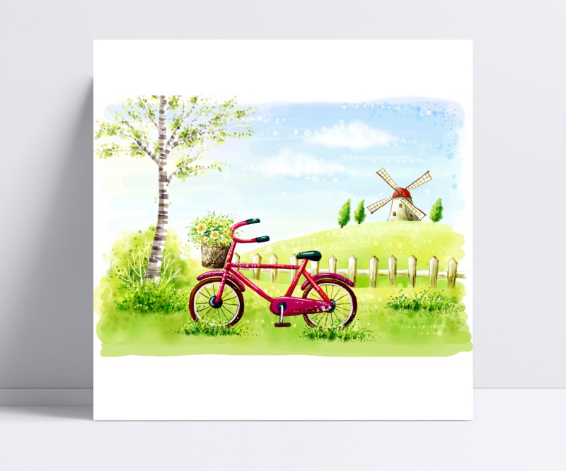 草地上的红色自行车卡通风景插画