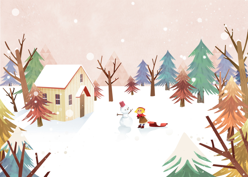 冬季童话雪景堆雪人的小女孩ps插画素材
