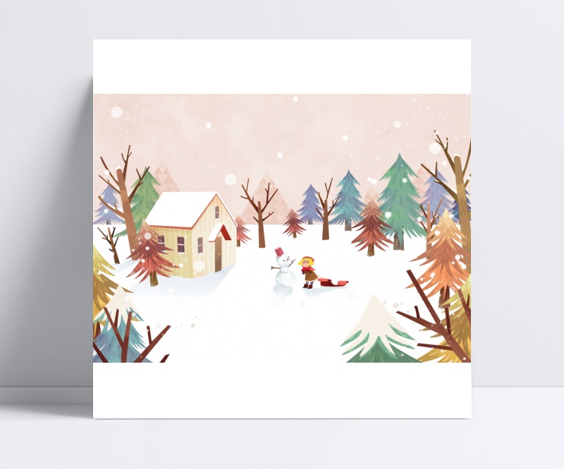 冬季童话雪景堆雪人的小女孩ps插画素材