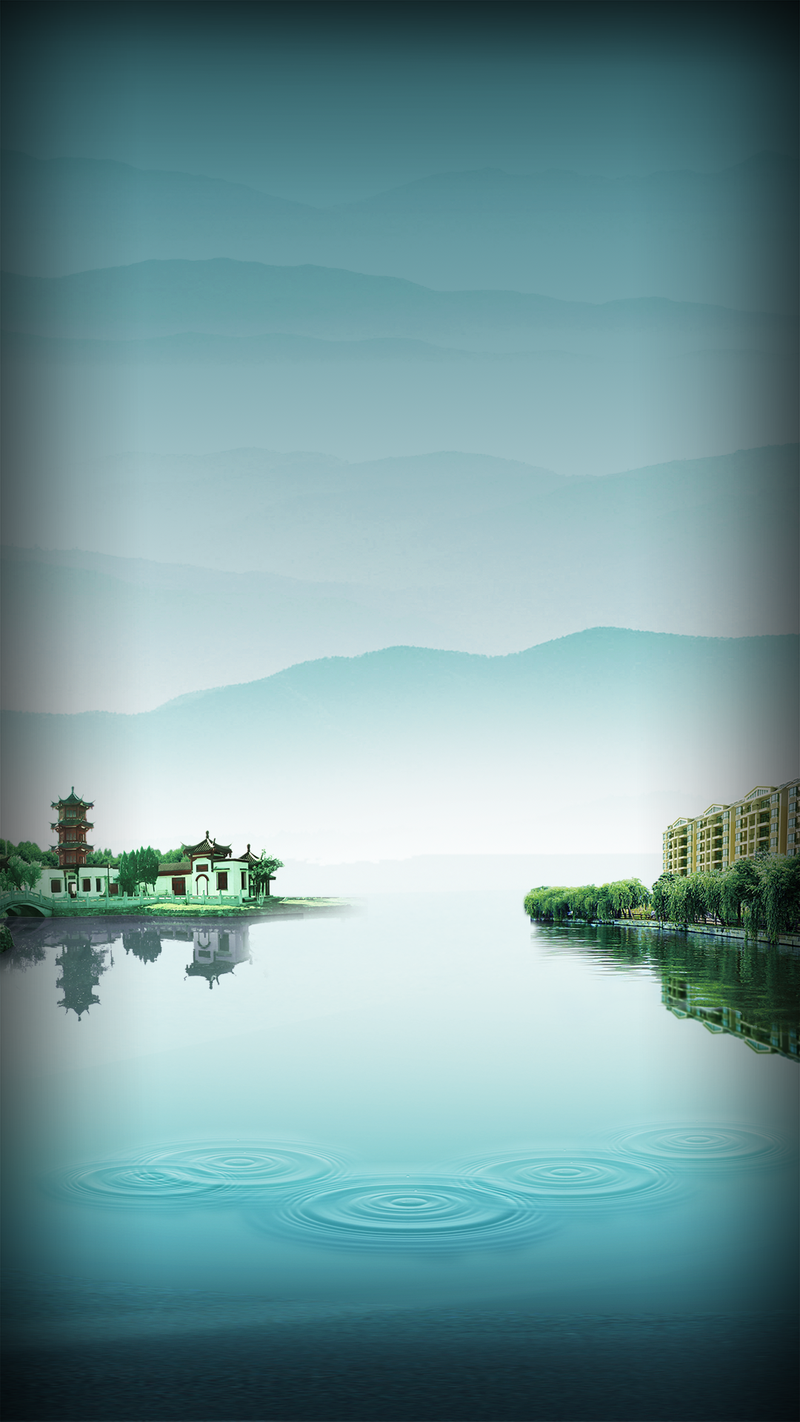 蓝色风景商业湖景H5背景素材