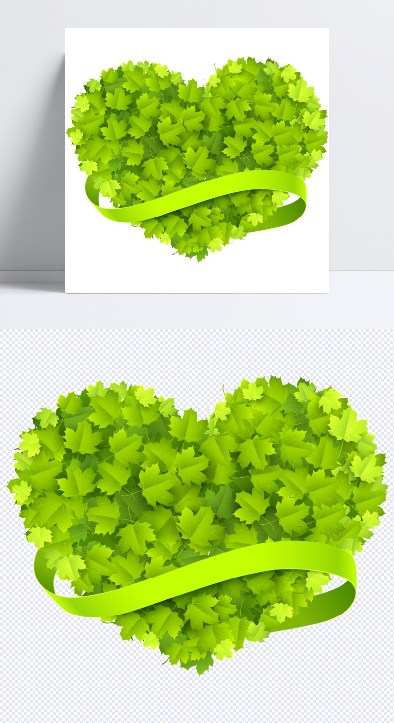 一颗绿色枫叶组成的心形PNG素材