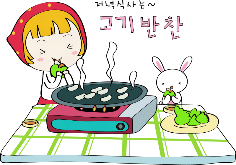 矢量卡通插画-吃火锅的小女孩和小白兔