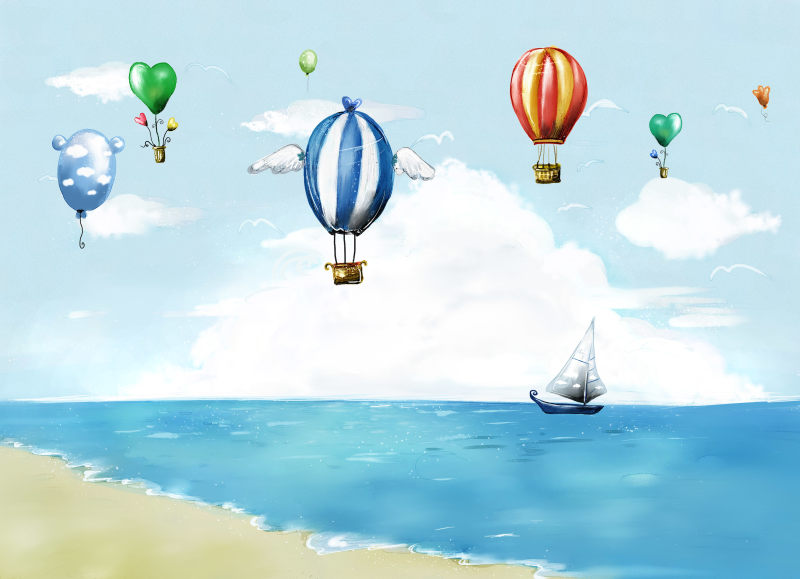 卡通大海小船热气球PSD素材图片