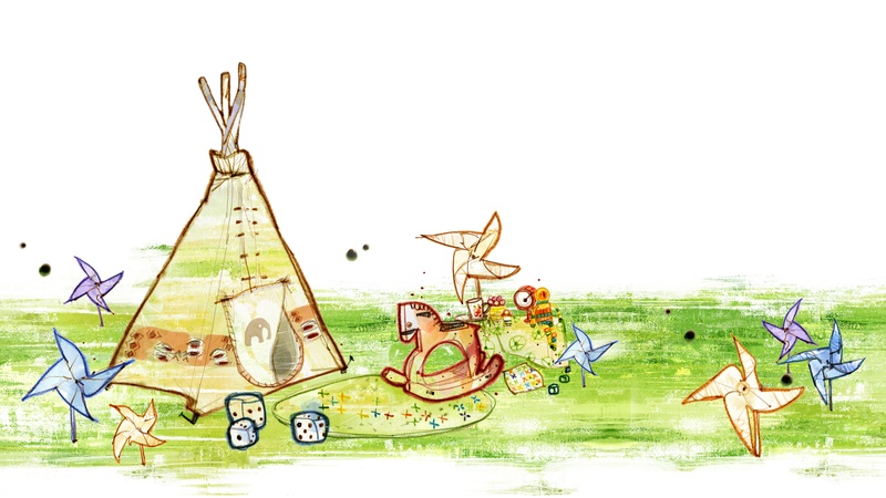 草地上的风车木马骰子帐篷手绘PSD素材