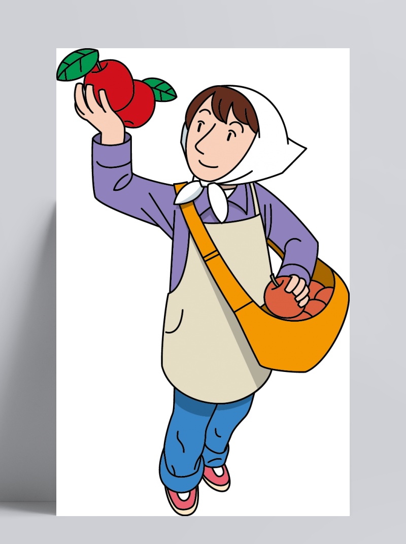 卡通人物劳作采摘苹果的农村妇女