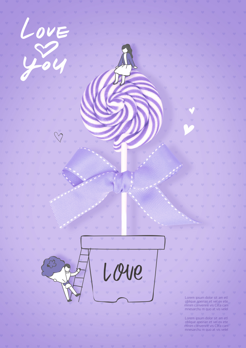 紫色背景_简笔手绘_棒棒糖果_情人节海报设计PSD61