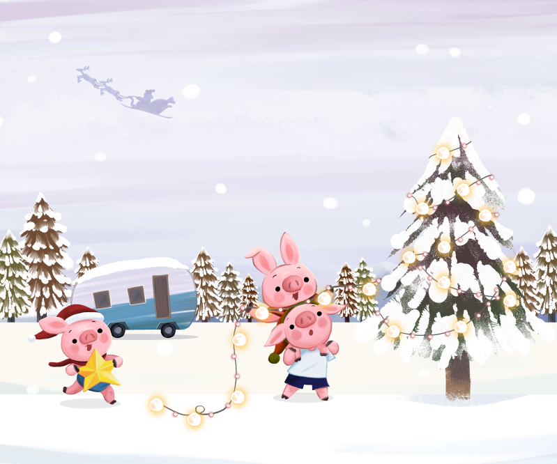 圣诞节可爱小猪挂彩灯ps插画素材