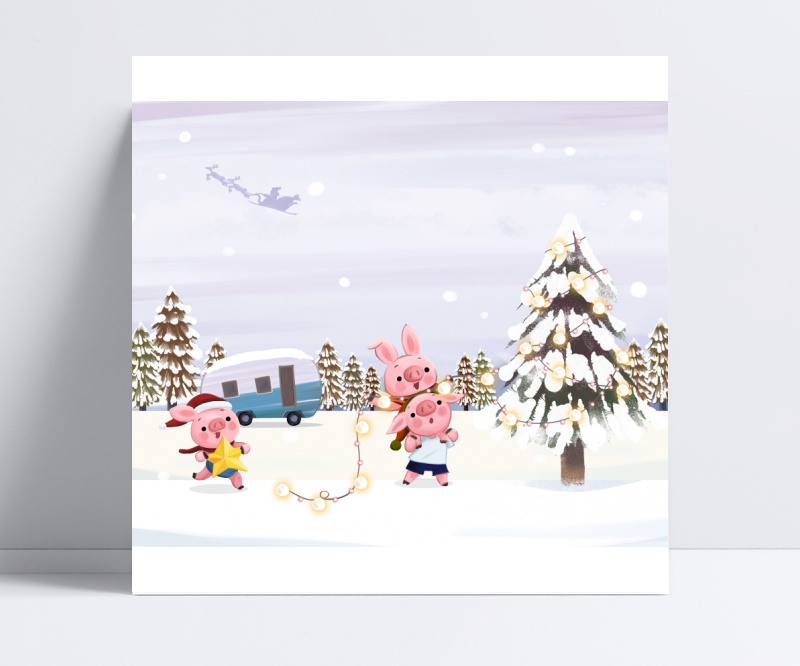 圣诞节可爱小猪挂彩灯ps插画素材