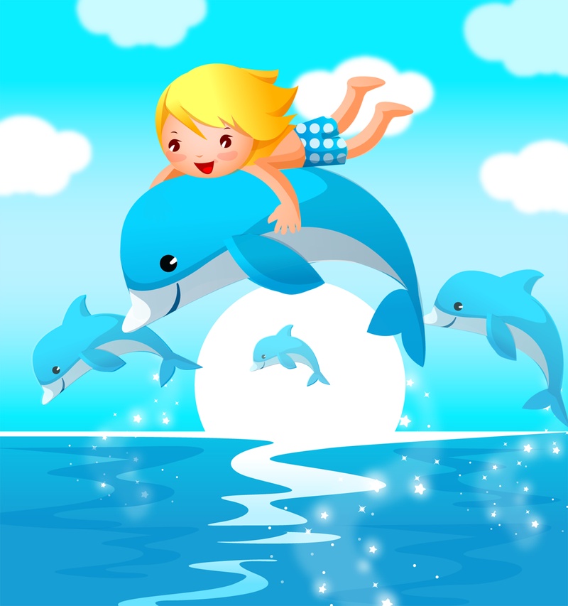 骑着海豚的小孩子角色插画