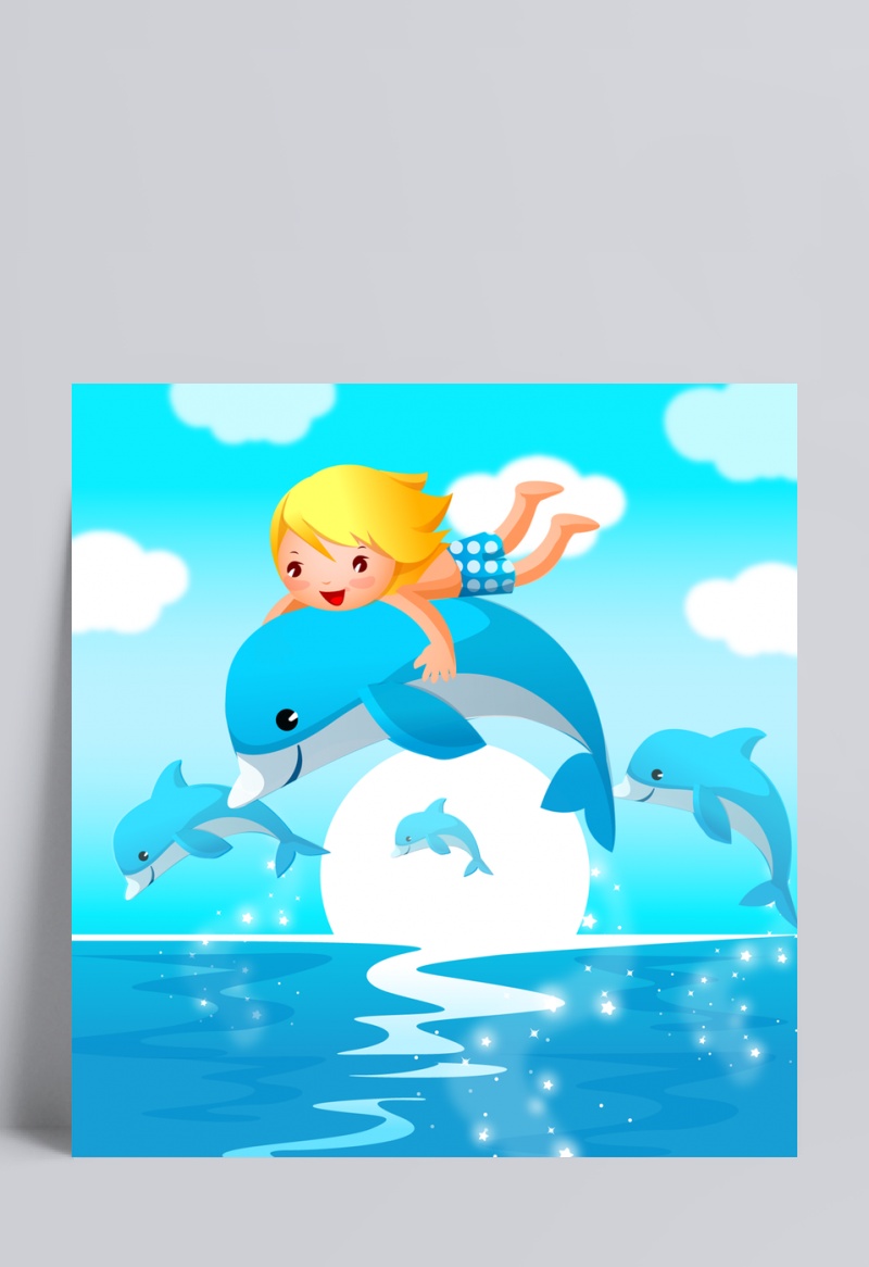 骑着海豚的小孩子角色插画