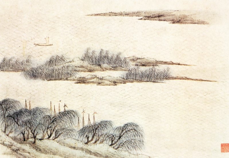 河岸杨柳风景画