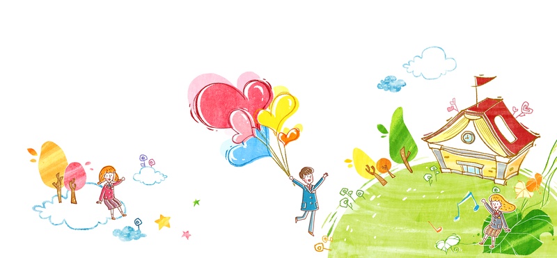 插画—草地上的房屋和拉着气球的男孩以及女孩psd素材
