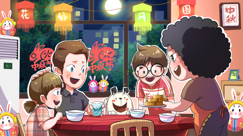 卡通漫画一家人吃中秋团圆饭图片