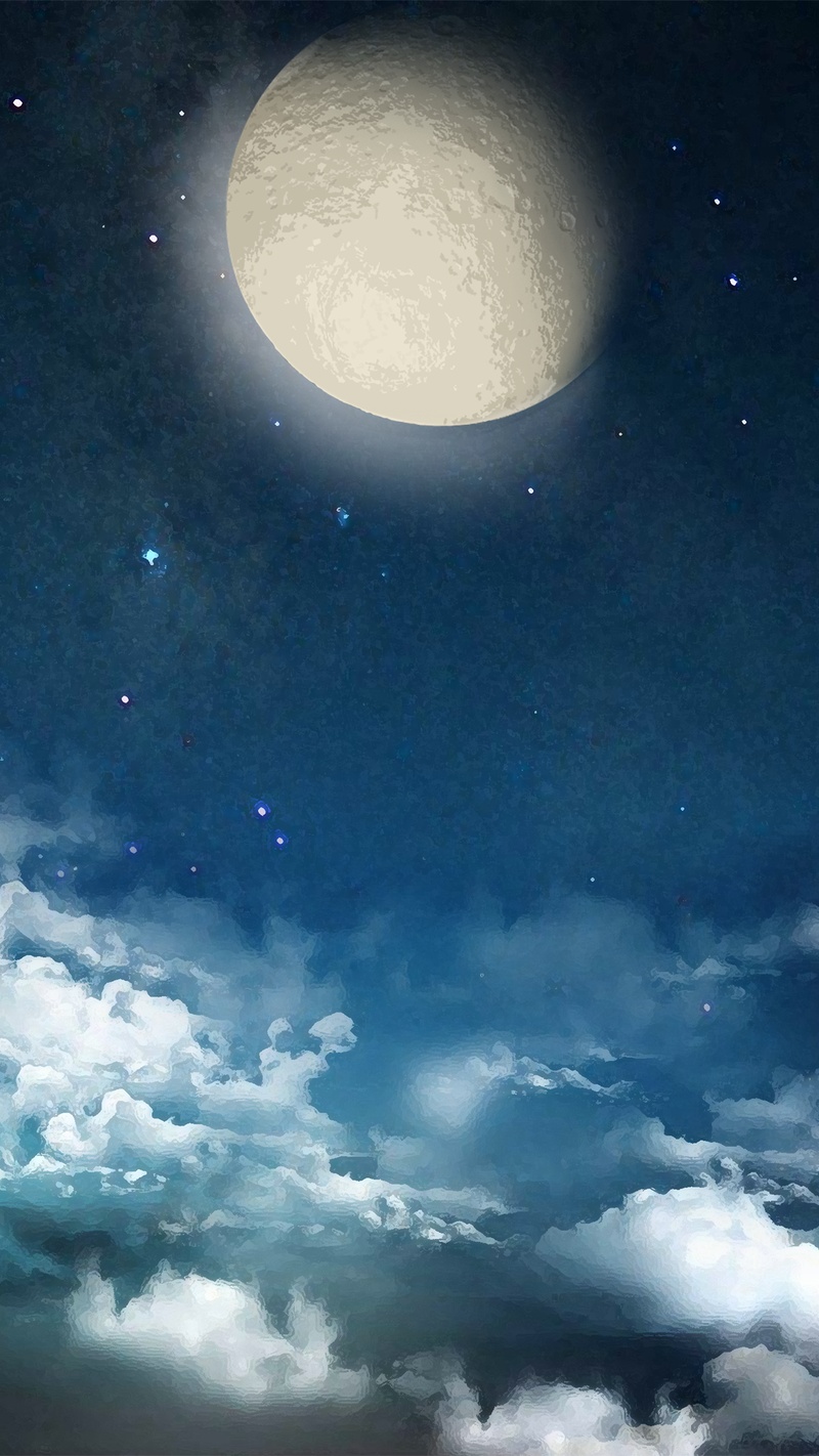 深蓝色星空月圆白云