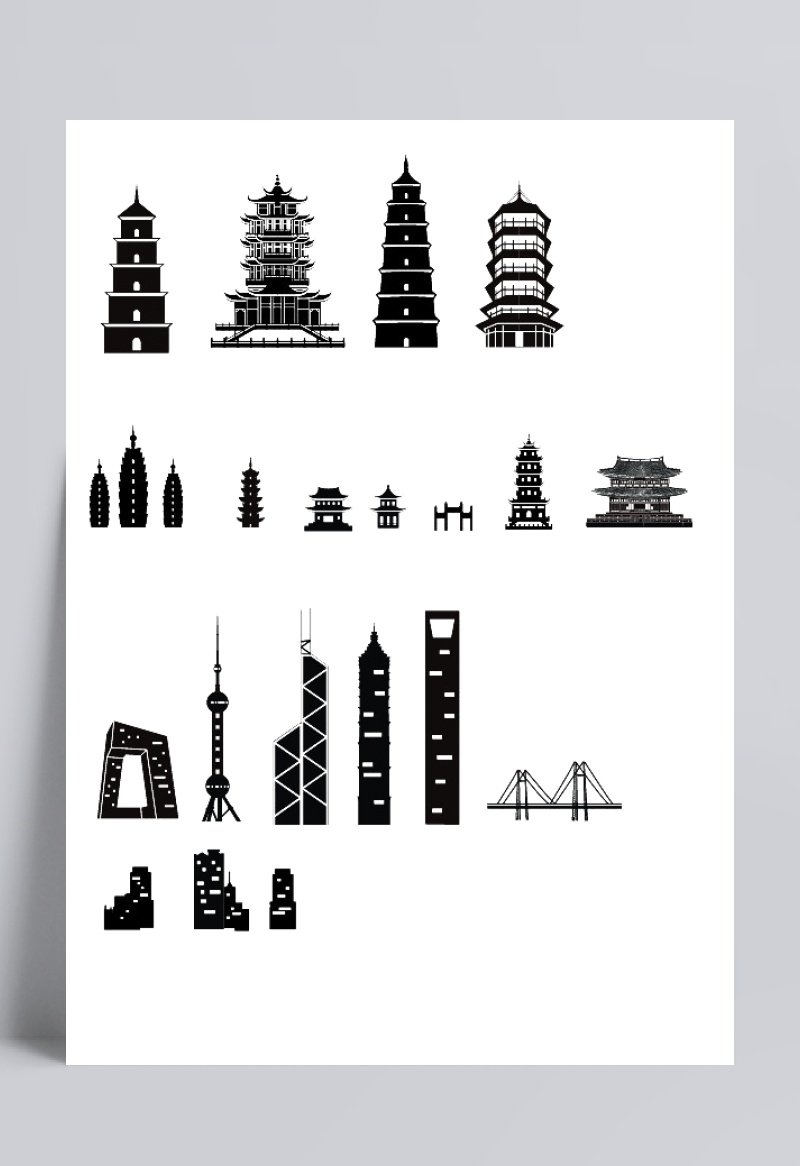黑白中国建筑剪影