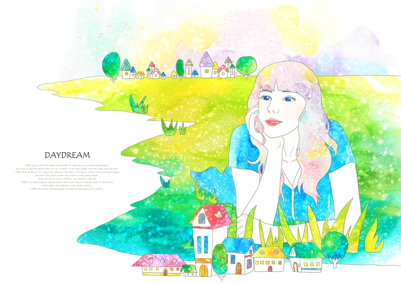 插画—草地上的房屋和右手托下巴的美女psd素材