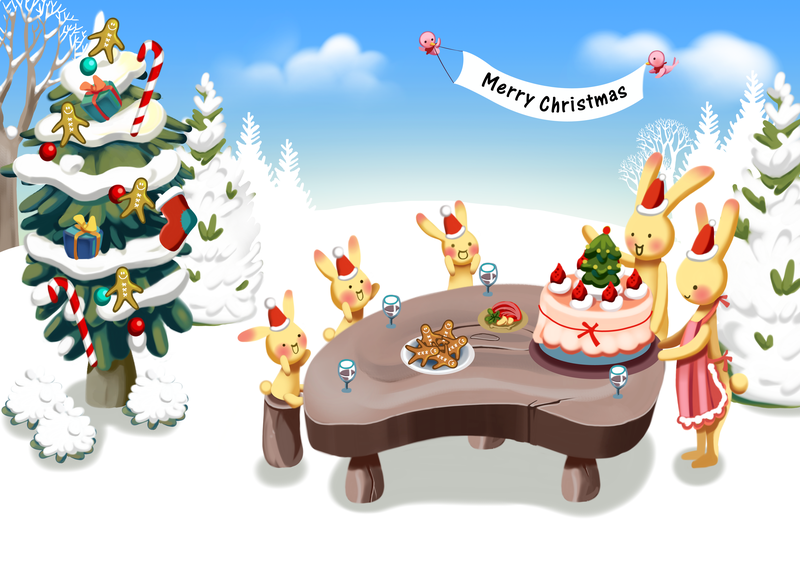 围着桌子切蛋糕的兔家族卡通动物插画