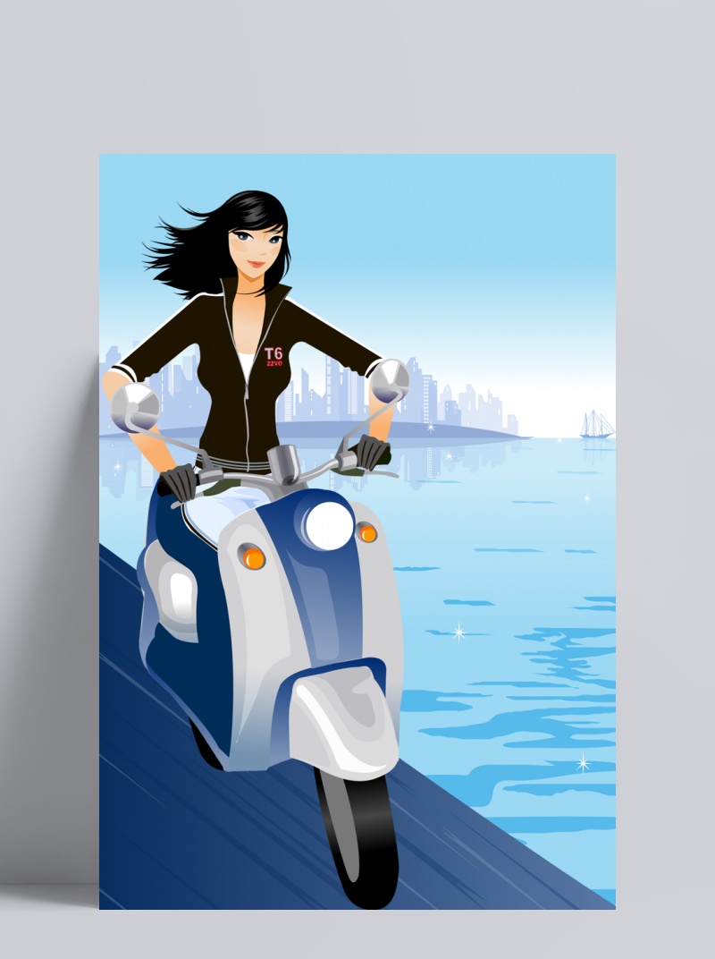 开着摩托车的女孩子人物漫画