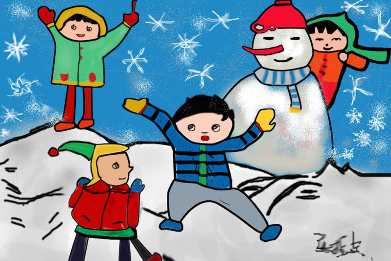 儿童蜡笔画-和雪人一起玩耍