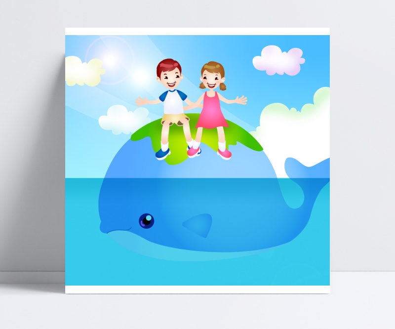 坐在鲸鱼上的小朋友韩国人物插画