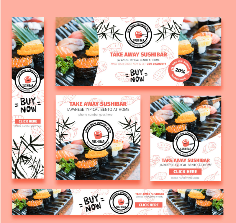 5款寿司餐馆卡片矢量图