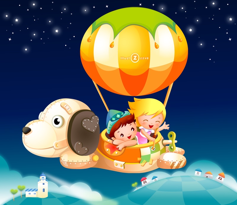 乘坐小狗热气球的小孩子卡通插画