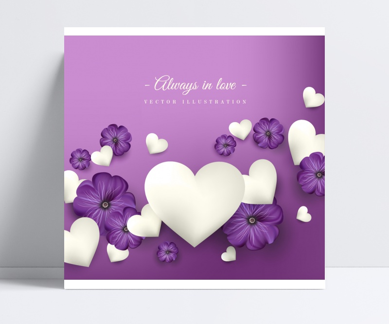 紫色花卉和白色爱心矢量素材