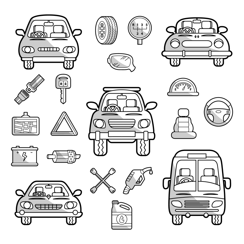 Set of cars and its parts