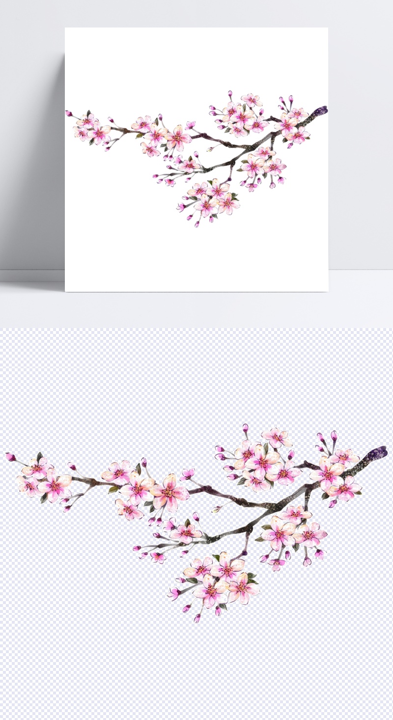 手绘彩色桃花枝图案元素