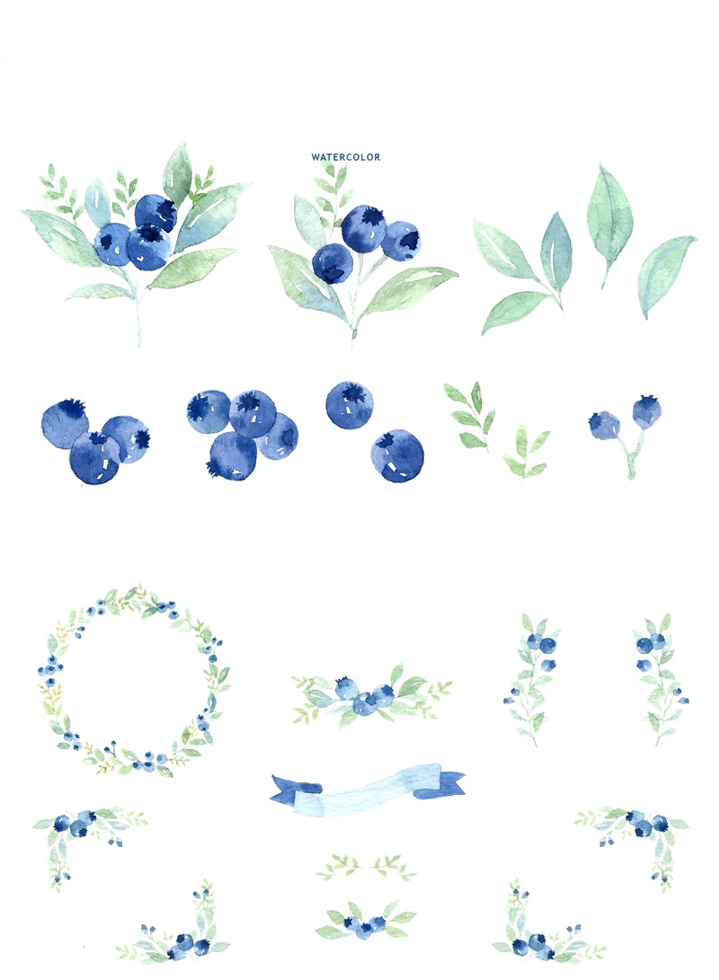 蓝色小清新手绘花卉花朵花环蓝莓背景素材