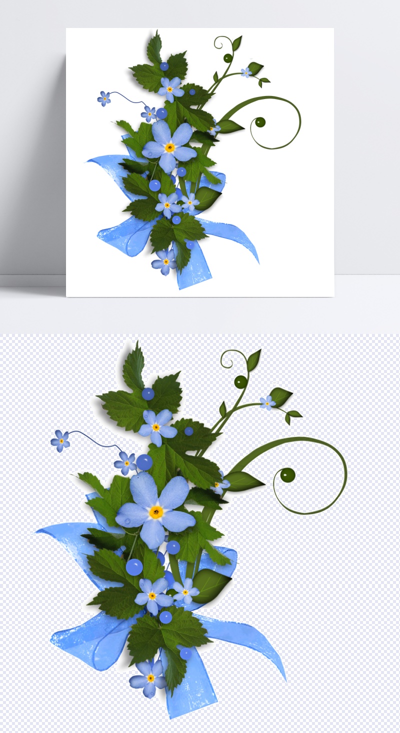 丝带捆扎的蓝色花朵png元素素材