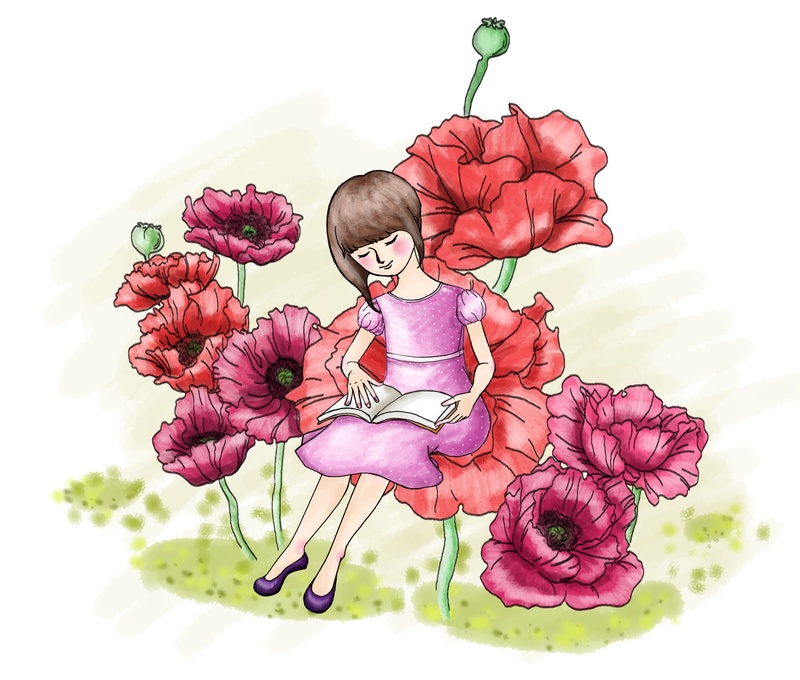 坐在玫瑰花上面看书的小女孩漫画
