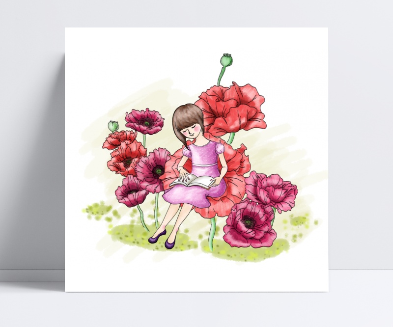 坐在玫瑰花上面看书的小女孩漫画