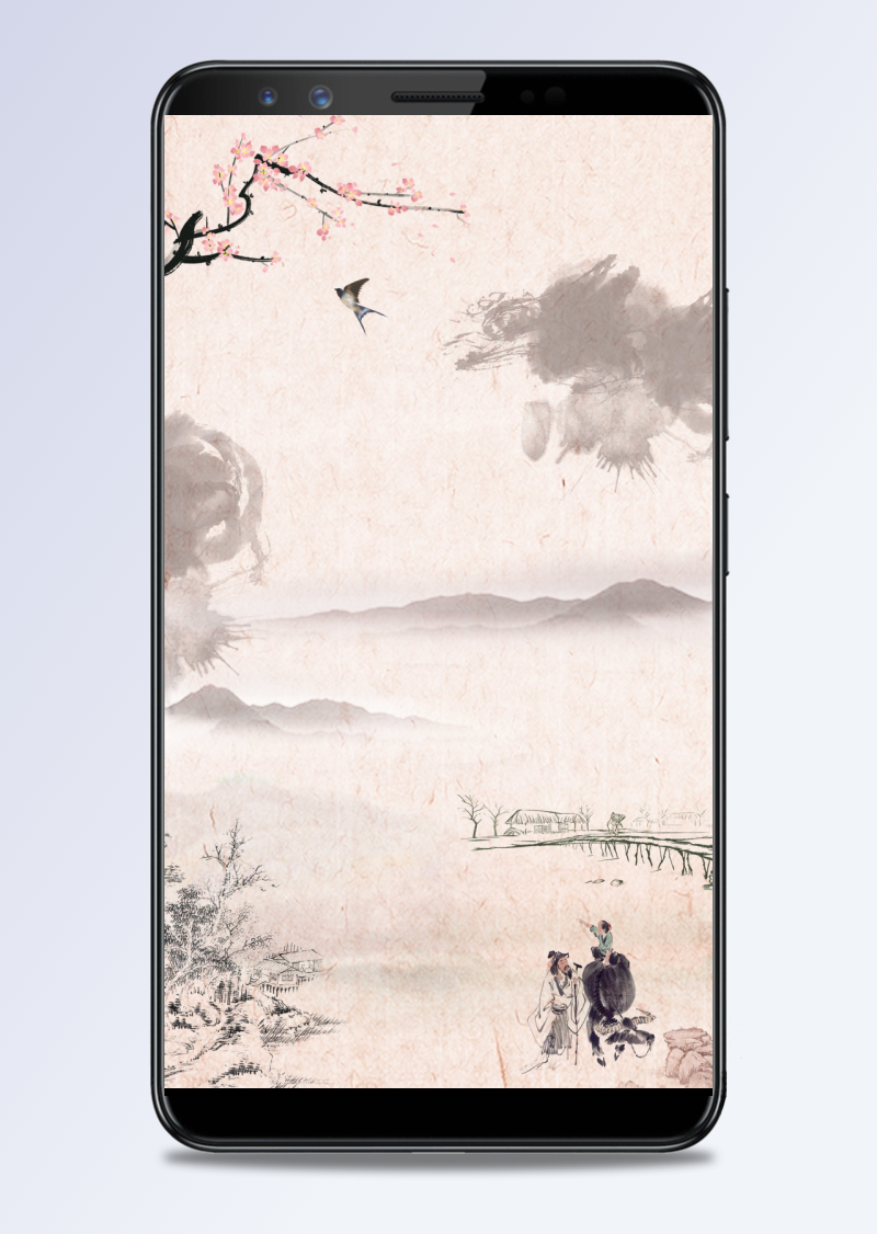清明节中国风水墨牧童纹路H5背景素材