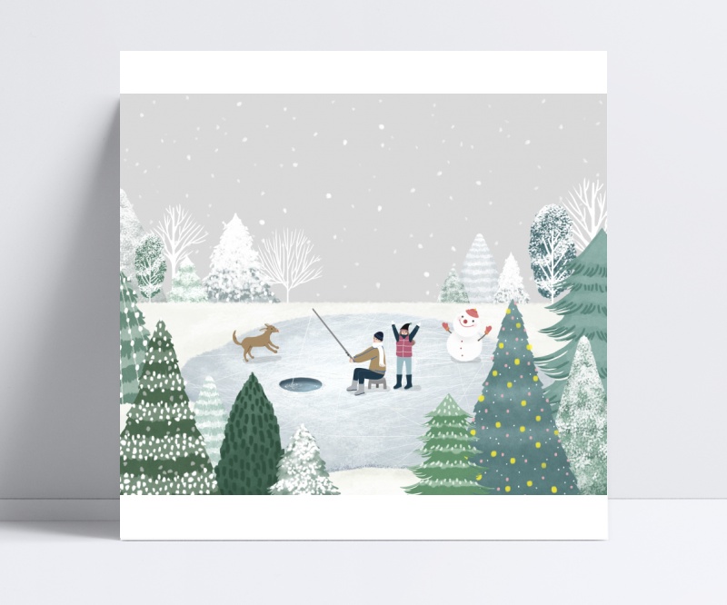 圣诞节在冰上钓鱼的ps插画素材