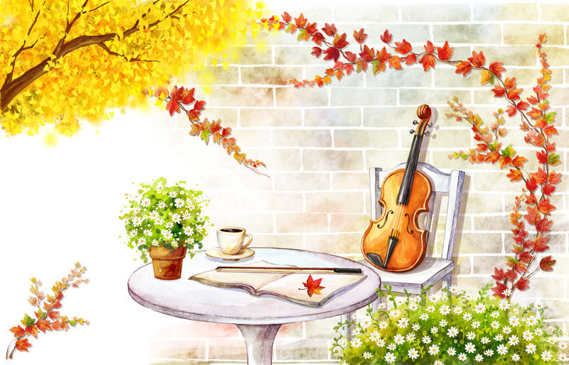 桌子上的书本盆栽和椅子上的小提琴卡通插画