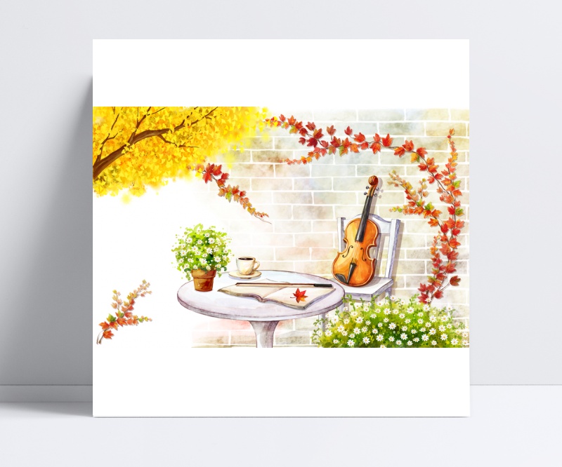 桌子上的书本盆栽和椅子上的小提琴卡通插画