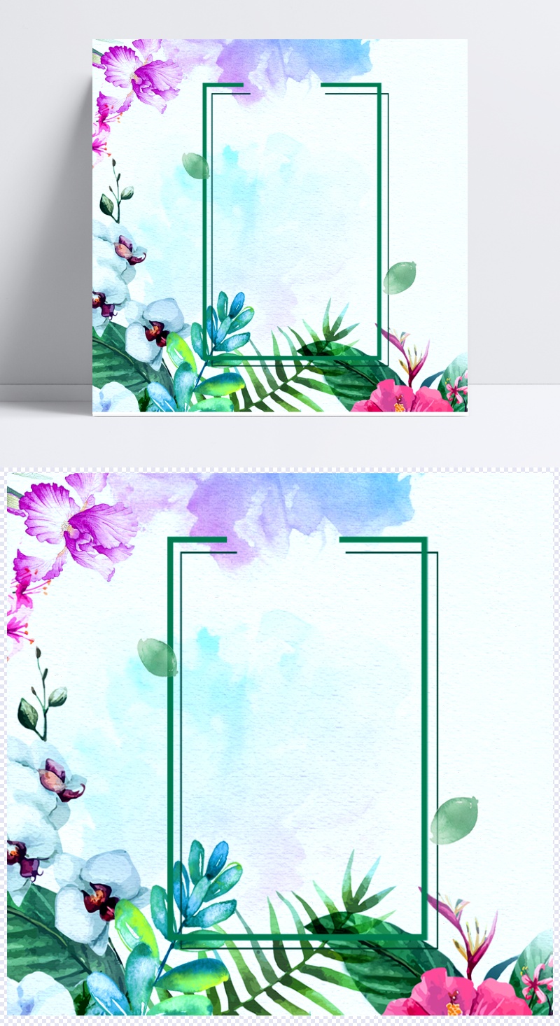 水彩画水墨质感几何边框清新花卉