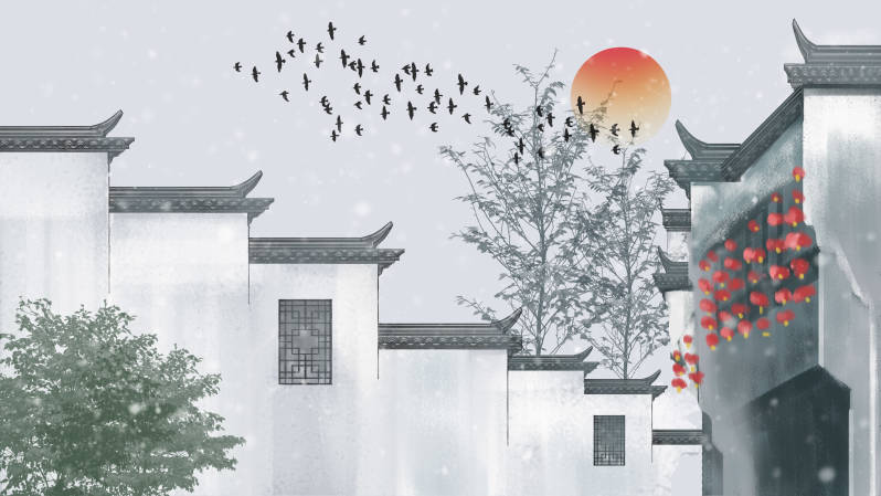 古镇建筑插画 中国风ps素材矢量AI水墨PSD手绘城墙唯美配图模板
