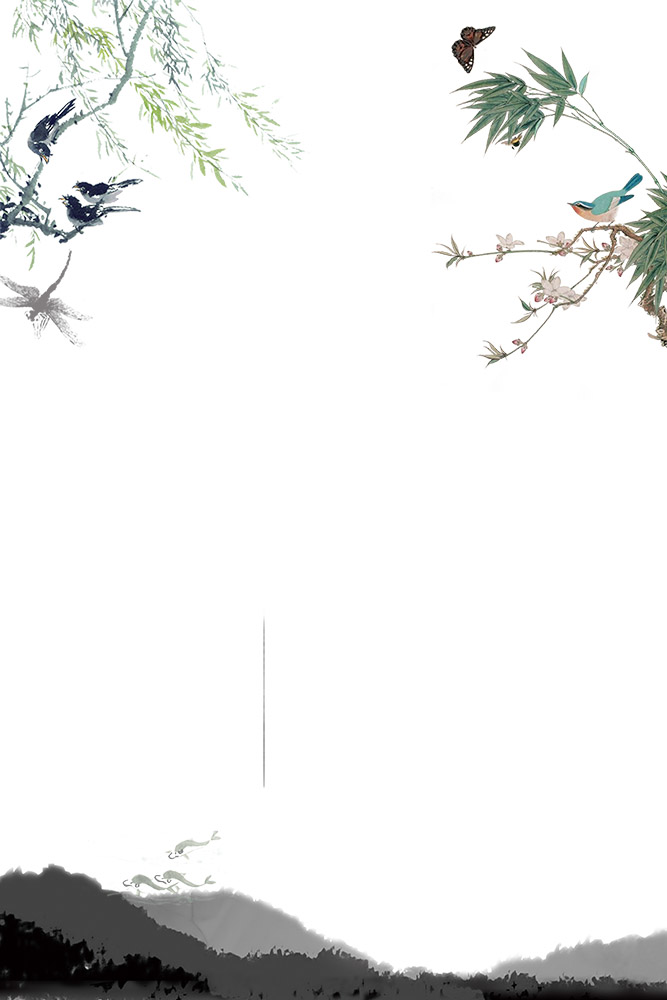 手绘水墨山水与花鸟中国风边框