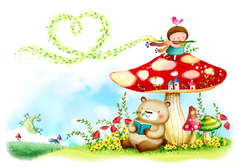 蘑菇旁边看书的小熊和小孩卡通插画