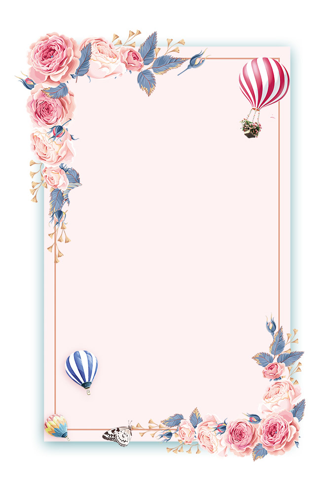 小清新蔷薇花与热气球装饰边框