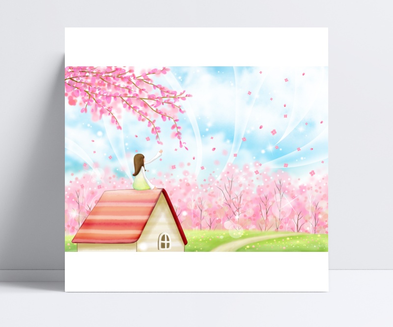 粉色树林中坐在屋顶的女孩卡通插画