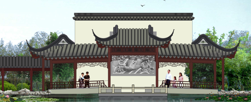 中式风格连廊和照壁立面图