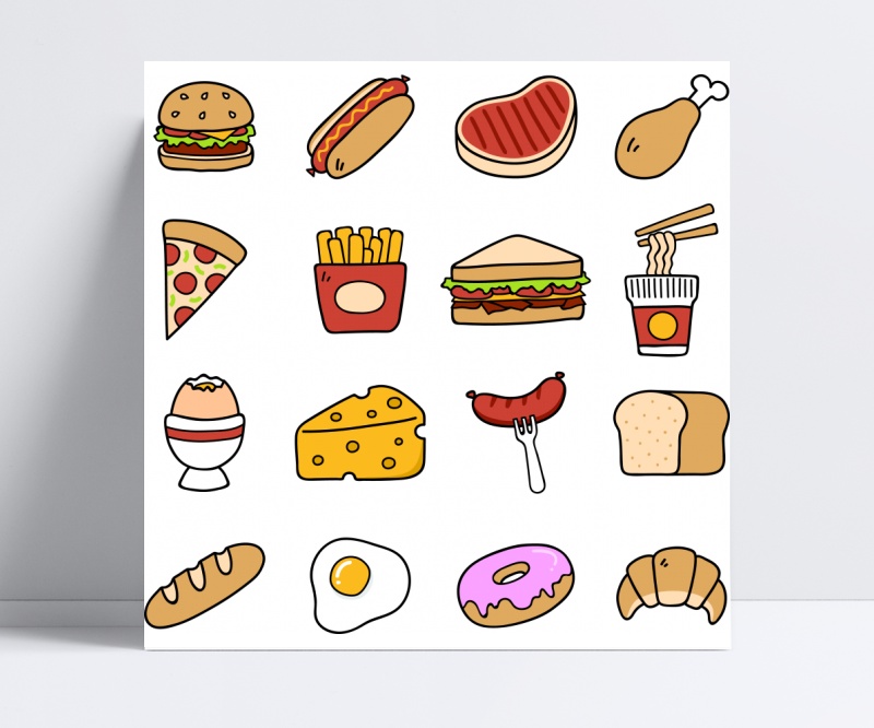 手绘风格的面包快餐食物图标