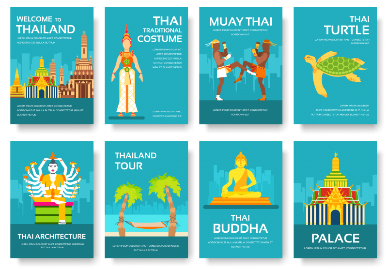 扁平化泰国旅游特色度假游矢量海报图设计模板素材